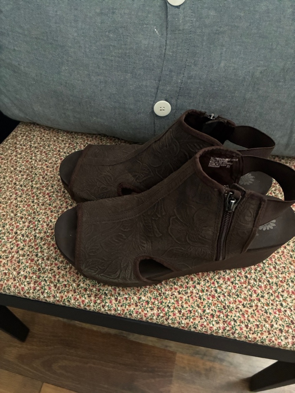 Yellow Box Brown Floral Embossed Open-Toe Wedge Sandals